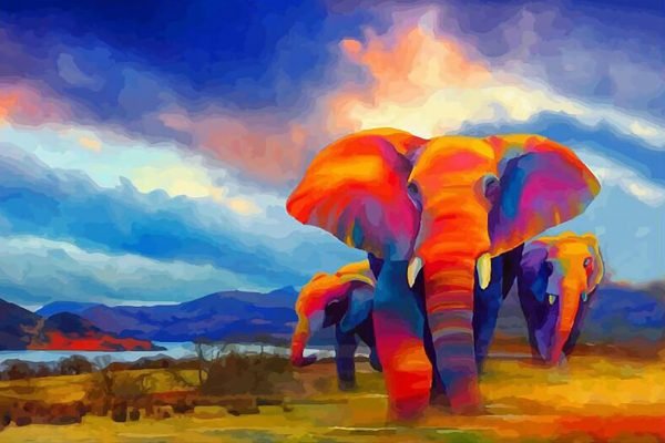 Colorful Elephant Nature Scene Oil Painting