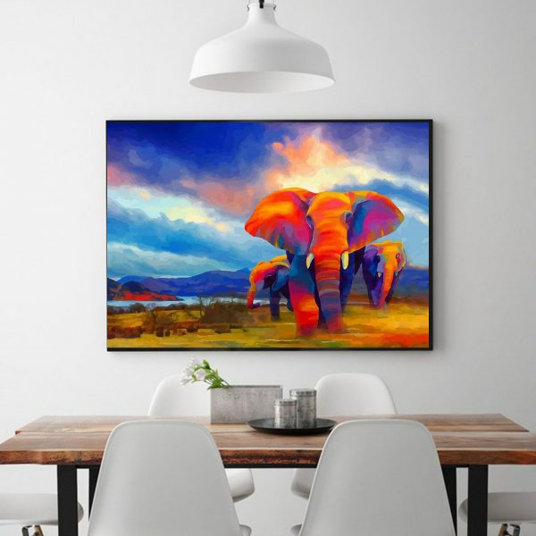 Colorful Elephant Nature Scene Oil Painting