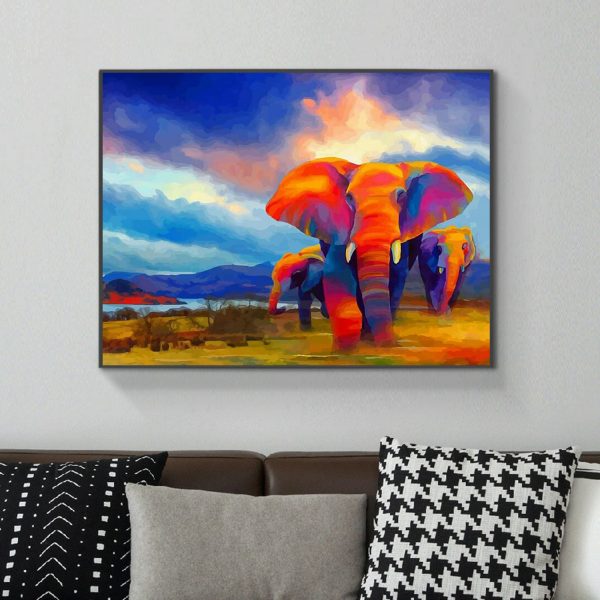 Colorful Elephant Nature Scene Oil Painting