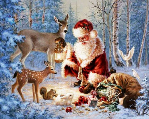 Santa Claus Shares Food With Small Animals In The Forest