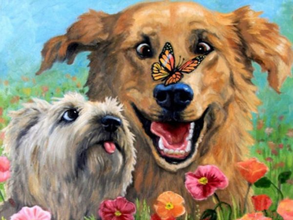 Happy Dog Playing With Butterflies